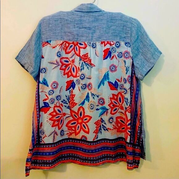 J. Jill Linen Blue & White Stripe Button Down Shirt W/ Sheer Floral Print Back - Picture 3 of 16